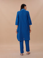 Blue Cotton Kurta With Pockets And Shibori Inserts At Neck Band And Bottom Hem Paired With Straight Pants .