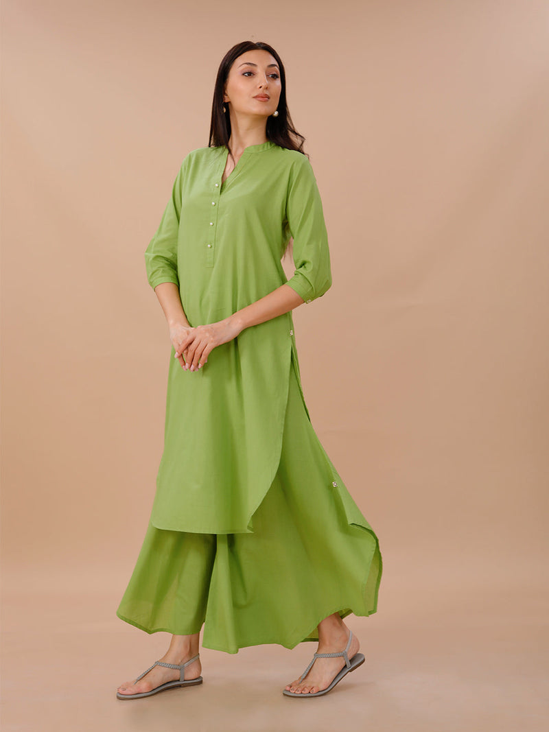 Green Cotton Straight Kurta Paired With Asymmetrical Pants