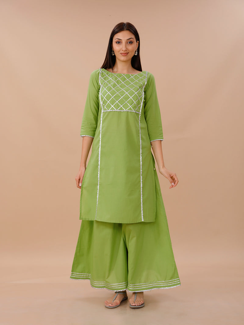 Green Cotton Sharara And Straight Kurta Set With Silver Gota Details