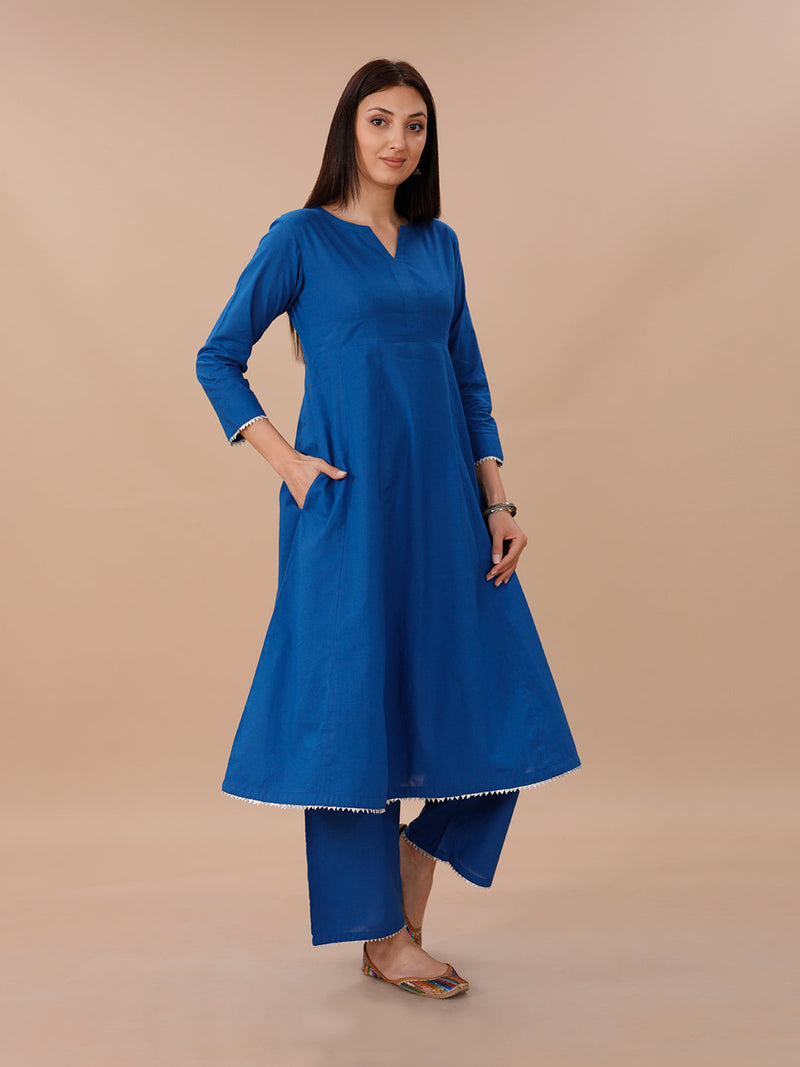 Blue Cotton A Line Kurta With Loose Pants With Silver Gota Details