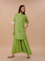 Green Cotton Shirt Kurta And Sharara Set With Lace Inserts At Sleeve Opening.