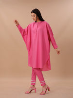 Pink Cotton Loose Fit Kurta With Contrast Stitch Paired With Straight Pants With Lace Inserts.