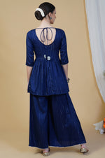 Women navy blue linen cotton self design lurex peplum top and sharara set