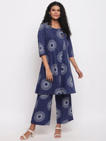 Womens Indigo Cotton Printed Aline Kurta With Straight Cotton Printed Straight Pants