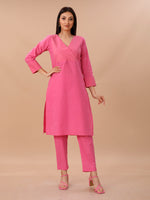 Pink Straight Kurta With Yellow Thread Tagai At Yoke, Paired With Straight Pants
