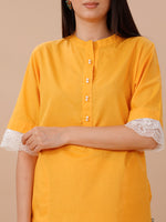 Yellow Cotton Shirt Kurta And Sharara Set With Lace Inserts At Sleeve Opening.