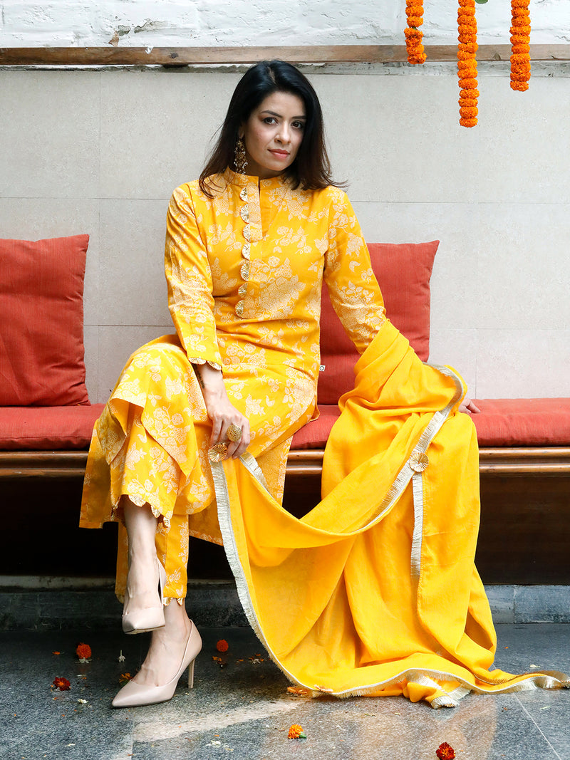 Yellow Cotton Print Aline Kurta with Gota Embellished Pant 3 pc Set with Dupatta