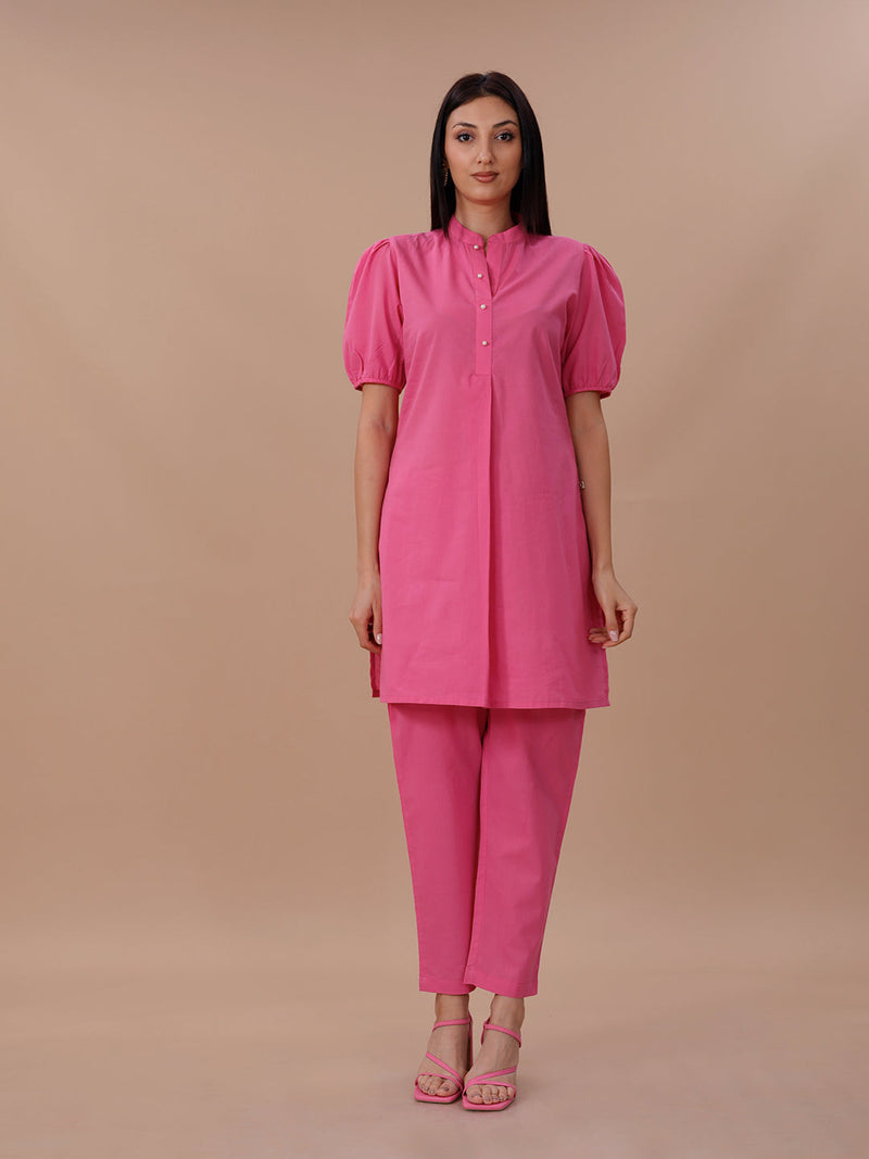 Pink Cotton Kurta With Puff Sleeves Paired With Straight Pants