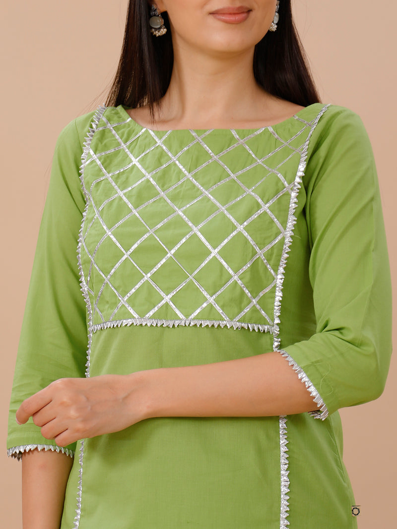 Green Cotton Sharara And Straight Kurta Set With Silver Gota Details