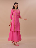 Pink Cotton Sharara And Straight Kurta Set With Golden Gota Details