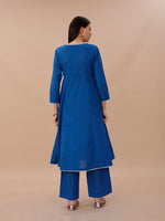 Blue Cotton A Line Kurta With Loose Pants With Silver Gota Details