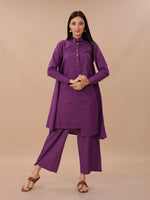 Purple Cotton Asymmetrical Kurta With Collar, Paired With Pants