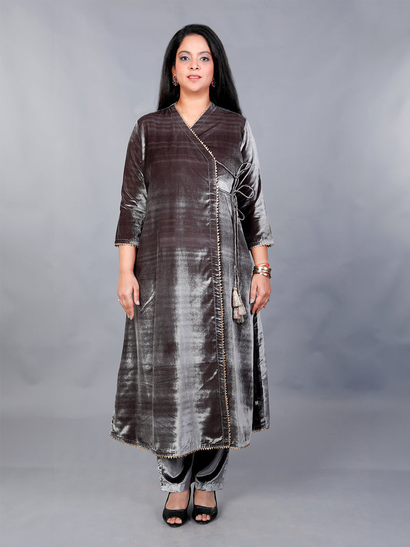 Grey velvet angrakha kurta with straight pant