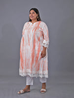 Fabnest Curve Set Of Orange Shibori Print Loose Fit Kurta With Pleats On The Sides Detailed With A Broad Lace At The Bottom Hem And Sleeve And White Cotton Straight Pants With Lace Inserts