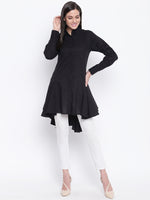 Womens black cotton full sleeves assymetrical top with godets