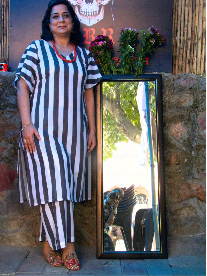 Black and white stripe straight kurta with flounce sleeves, paired with straight pants