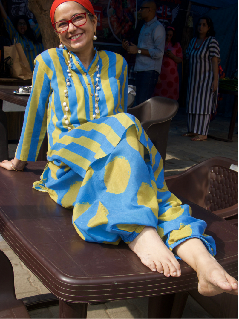 Coord set of green nd blue stripe kurta paired with polka harem pants in the same color.