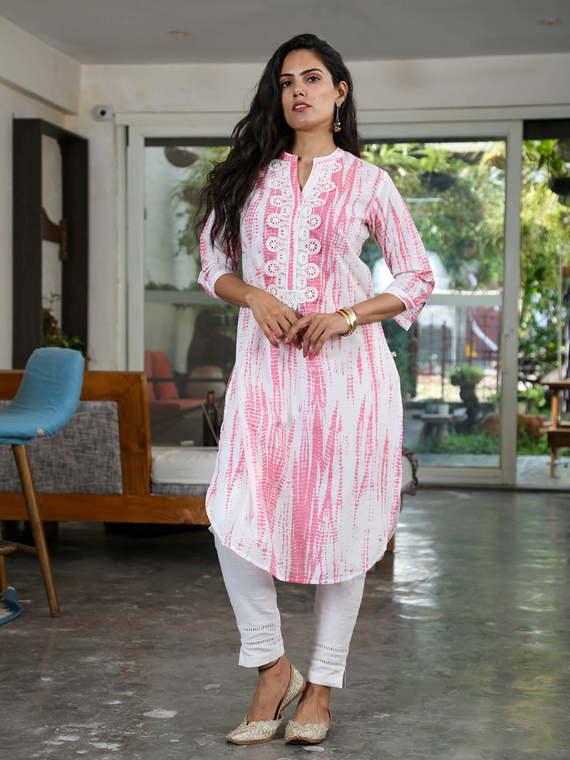 Cotton Pink Shibori Printed Straight Kurta Only With Lace At Front Placket