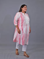 Fabnest Curve Set Of Cotton Pink Shibori Printed Straight Kurta With Lace At Front Placket And White Cotton Straight Pants With Lace Inserts