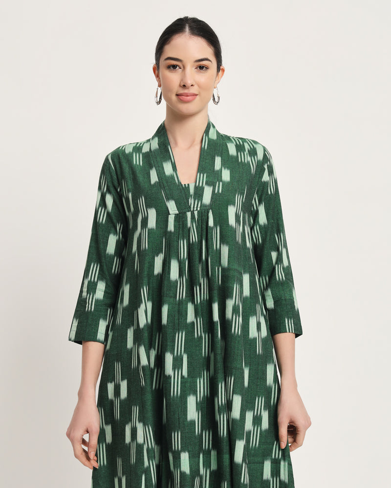 Cotton Handloom Green Ikat V-necked Loose Fit Kurta Only