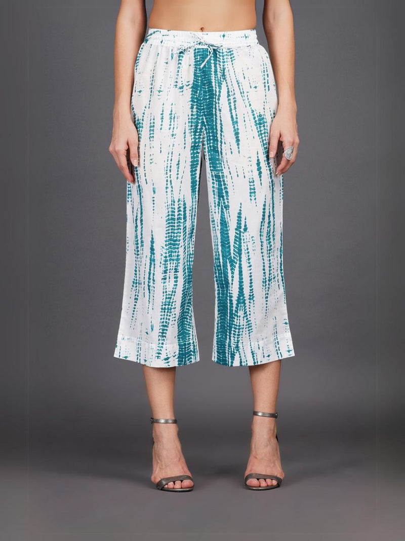 Cotton Dark Turquoise/ Green Shibori Print Straight Pants