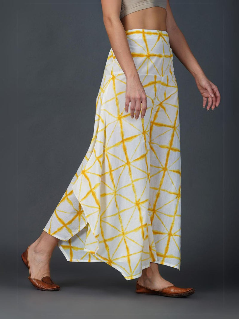 Cotton Yellow Shibori Print Assymetrical Pants