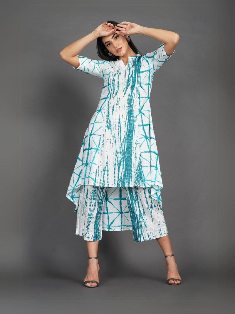 Cotton Dark Turquoise/ Green Shibori Print High Low Kurta