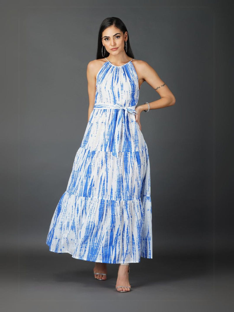 Cotton Blue Shibori Print Tiered Dress