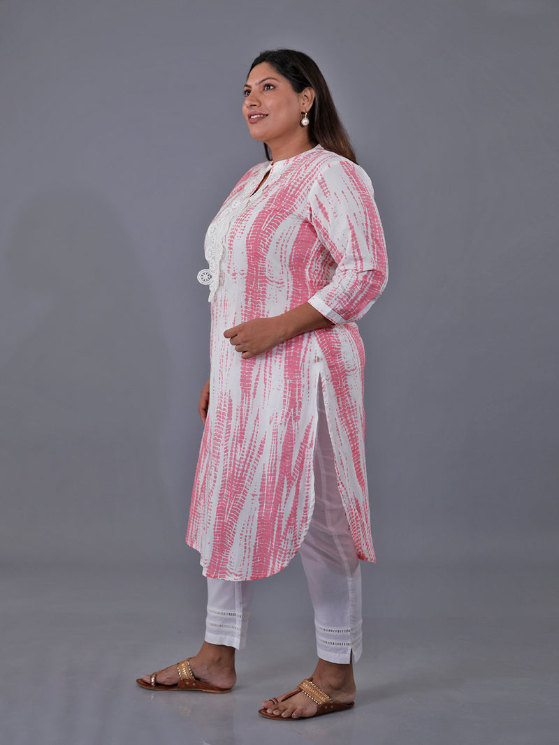 Fabnest Curve Cotton Pink Shibori Printed Straight Kurta Only With Lace At Front Placket