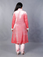 Pink velvet achkan style lace embellished kurta with long sleeves and matching straight pants