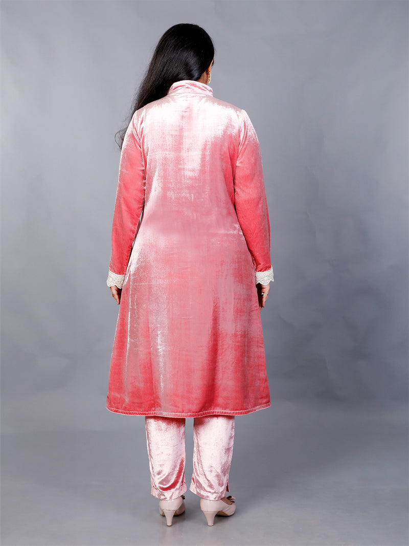 Pink velvet achkan style lace embellished kurta with long sleeves and matching straight pants