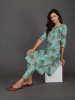 Turquoise cotton floral printed straight kurta set