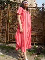 Asymmetrical dress in red and pink stripe cotton blend