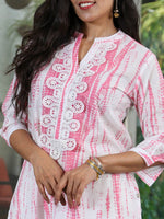 Set Of Cotton Pink Shibori Printed Straight Kurta With Lace At Front Placket And White Cotton Straight Pants With Lace Inserts