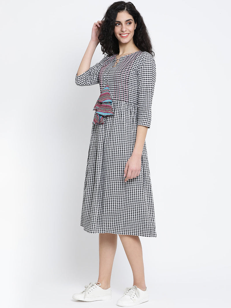 Black and White Check Cotton Dress With Pintucks, Top Stitch and Colourful Tassles-Dresses-Fabnest