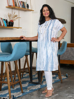 Set Of Kaftan Style Free Size Kurta With Pintucks At Yoke In Grey Shibori Printed Cotton And White Cotton Straight Pants With Lace Inserts