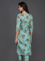 Turquoise cotton floral printed straight kurta set