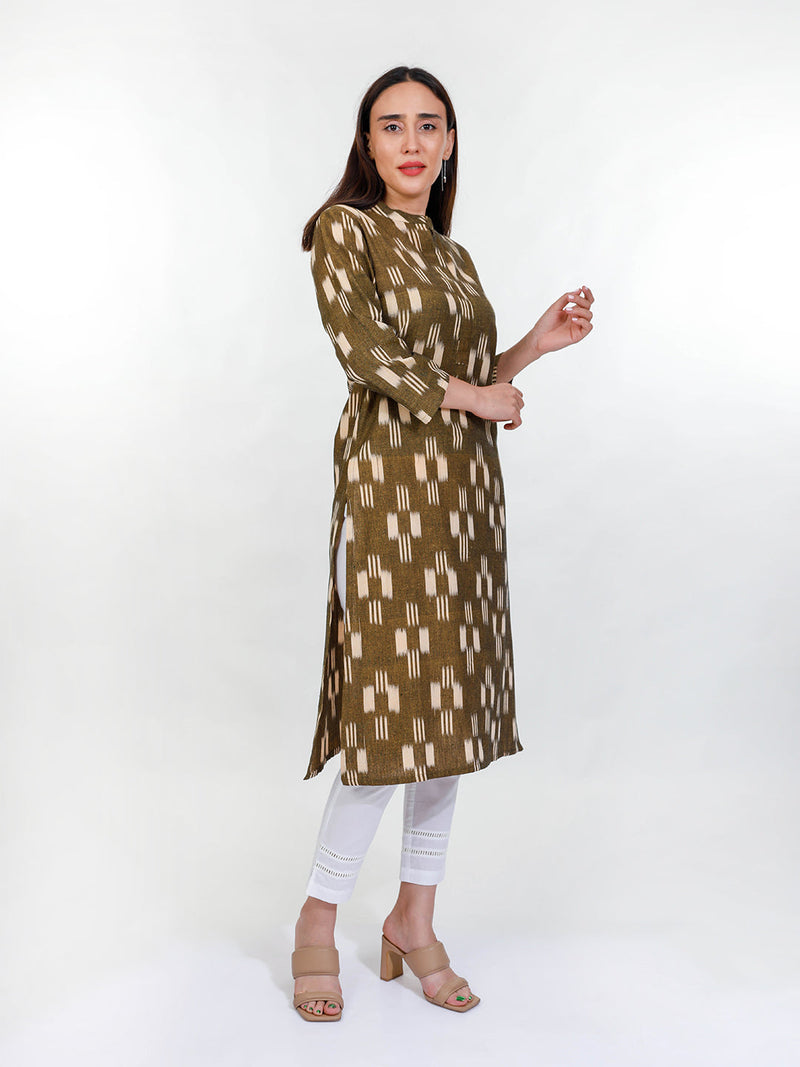 Cotton Handloom Khaki Ikat Straight Kurta only