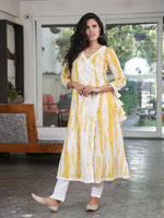 Set Of Yellow Shibori Printed Cotton Angarkha Kurta With Detailing Of Ric Rac Lace And White Cotton Straight Pants With Lace Inserts