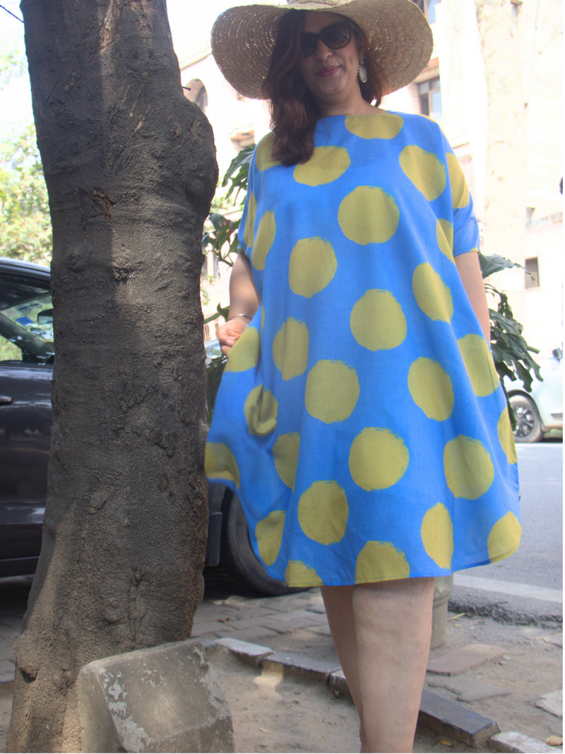 Green and blue polka dot loose fit cotton blend kurta/dress