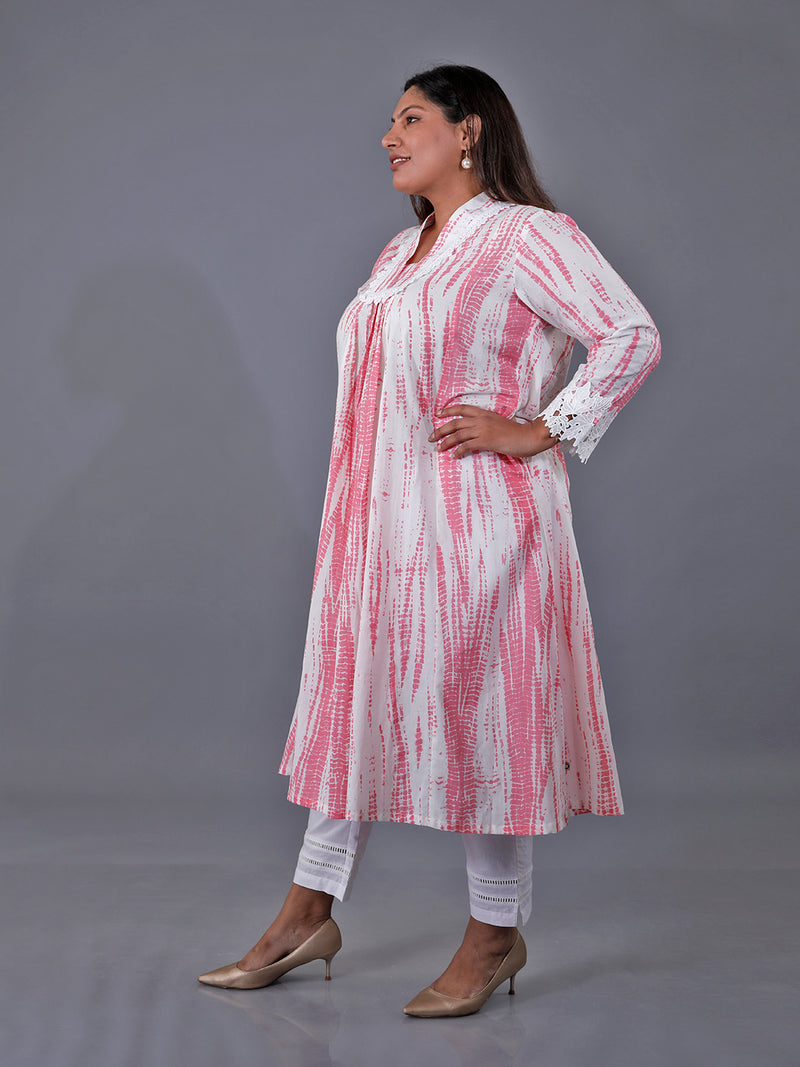 Fabnest Curve Set Of Pink Cotton Shibori V-Neck Kurta With Lace At Neck And White Cotton Straight Pants With Lace Inserts