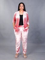 Pink velvet coat with tie up belt and mathcing straight pants