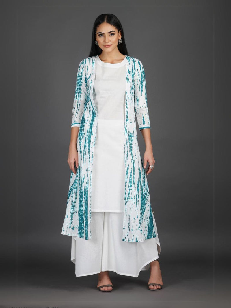 Cotton 3 pc Set of White Solid Kurta and Asymmetric Pant Full Set With Dark Turquoise Shibori Print Cape