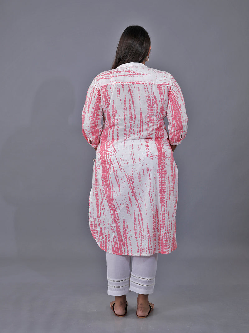 Fabnest Curve Cotton Pink Shibori Printed Straight Kurta Only With Lace At Front Placket