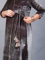 Grey velvet angrakha kurta with straight pant
