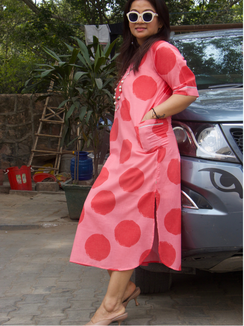 Red and pink polka straight dress/tunic/kurta with patch pockets