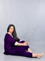 Purple velvet v neck kurta, gathered yoke, lace embellishment and matching harem pant, Set of 2