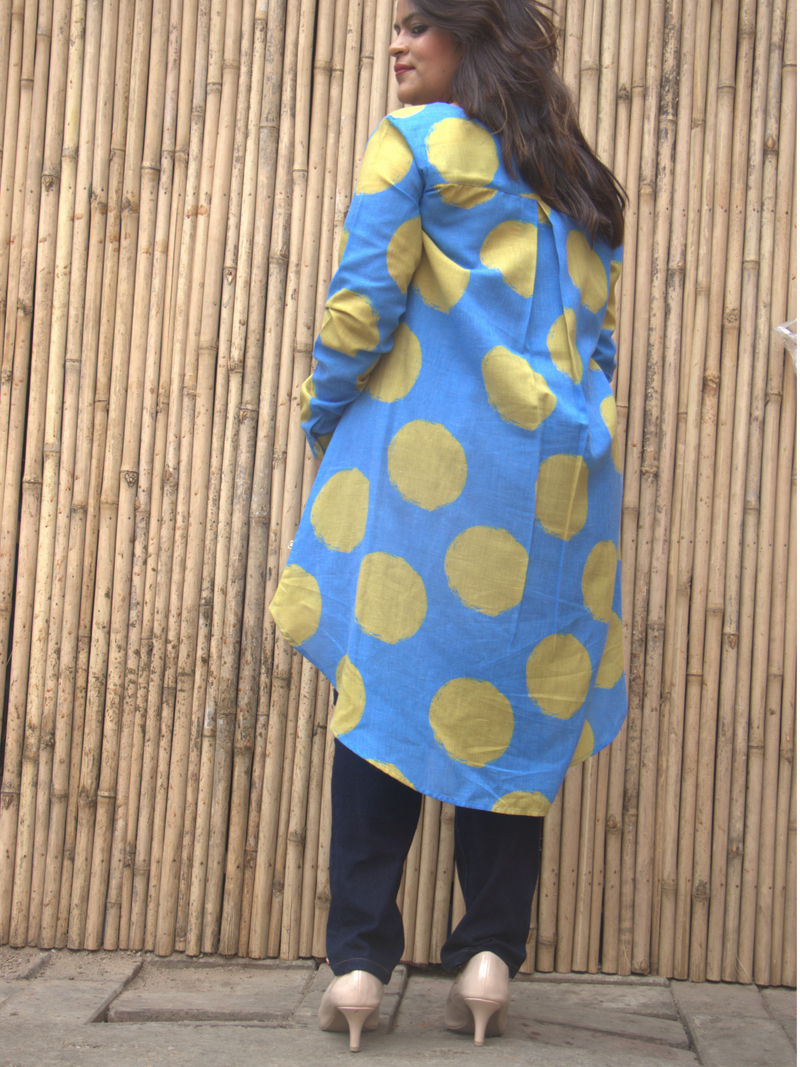 Green and blue polka high low tunic with full sleeves