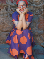 Orange and purple fit and flare dress with a belt