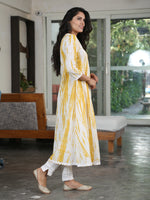 Set Of Yellow Shibori Printed Cotton Angarkha Kurta With Detailing Of Ric Rac Lace And White Cotton Straight Pants With Lace Inserts